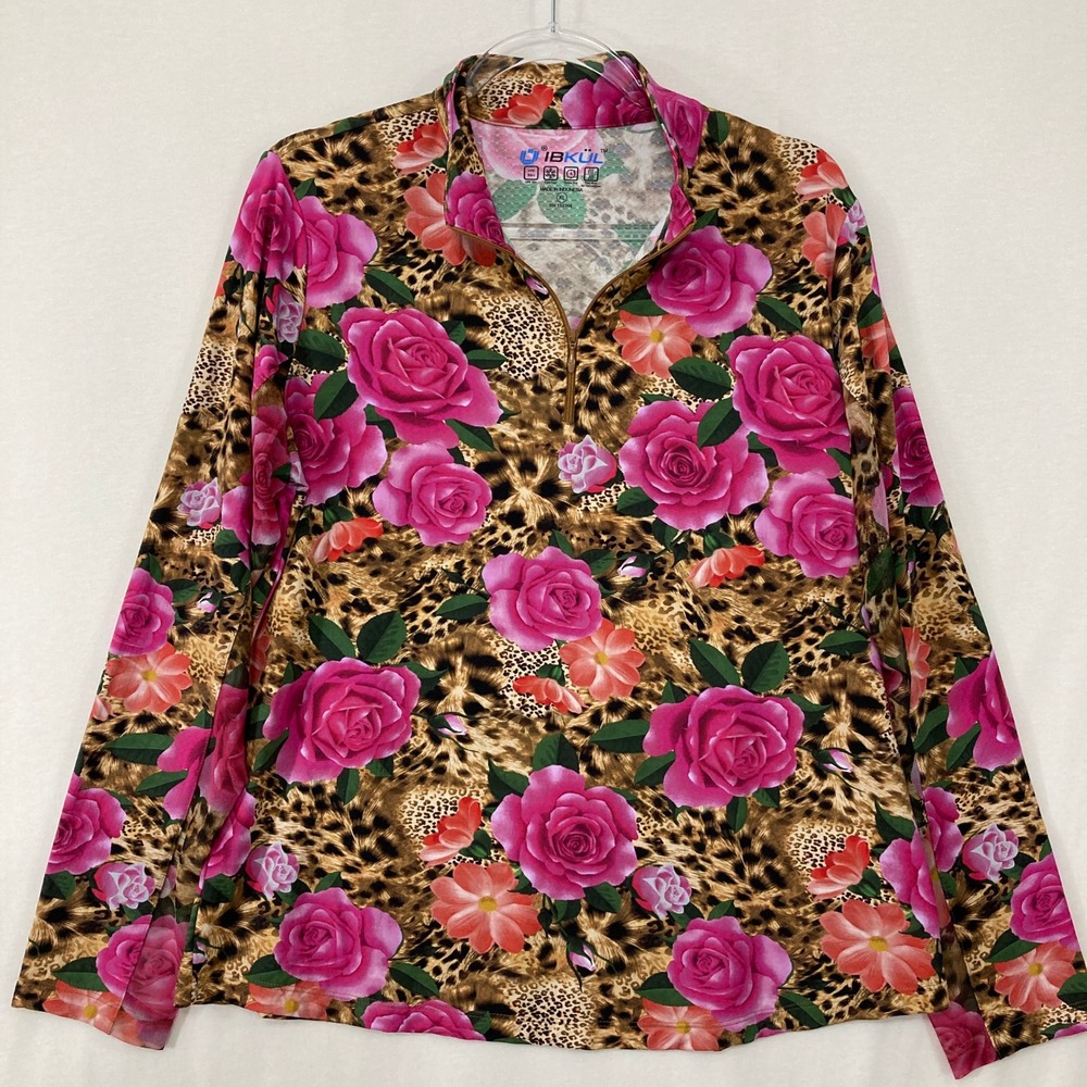 IBKUL Quarter Zip Sun Shirt XL Brown Pink Leopard Rose UPF 50+ Golf‎ Active